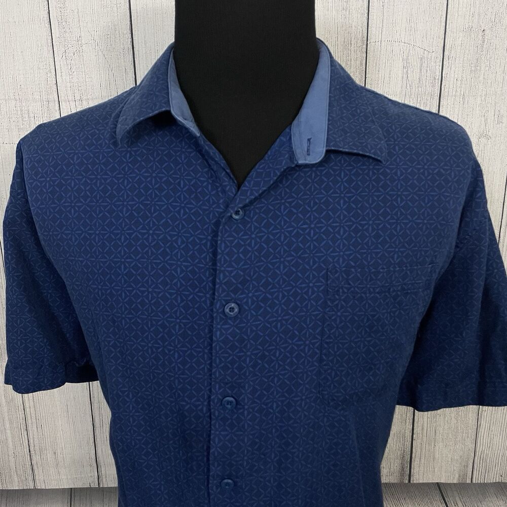 Nat Nast Men's XXL Blue Geometric Silk Blend Short Sleeve Button-Front Shirt